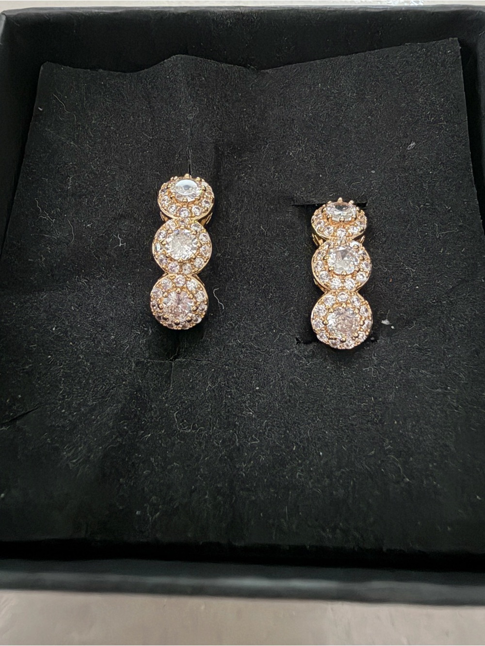 Gold-Tone Triple Halo CZ Drop Earrings - 3-Stone Sparkle